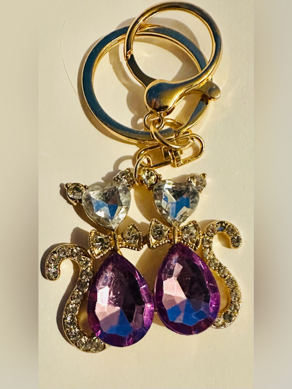 Gold-Tone Double Cat Purple Crystal Teardrop Dangle Keychain/BagCharm